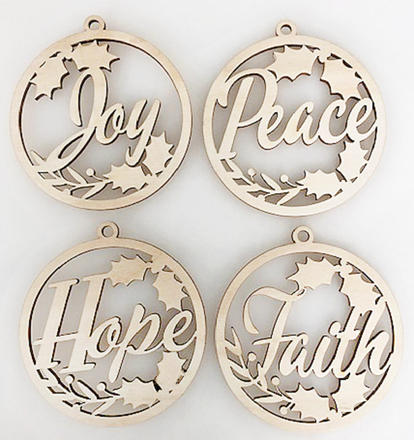 Faith Hope Joy Round Wood Ornaments